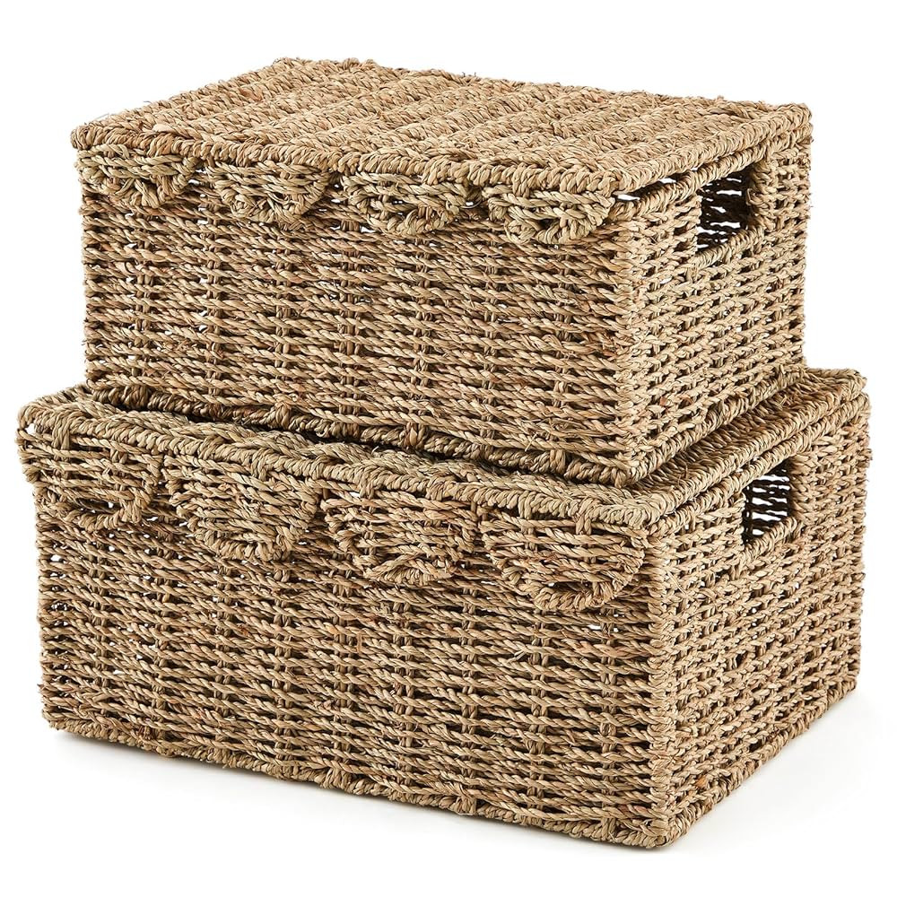 Boao 2 Pcs Scalloped Edge Wicker Basket Set with Lid and Built Large Wicker Baskets for Organizin... | Amazon (US)
