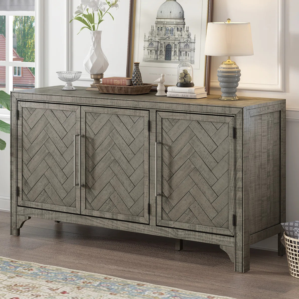 Santrese 60''Wide Sideboard, Farmhouse 3 Doors Credenza Accent Cabinet | Wayfair North America