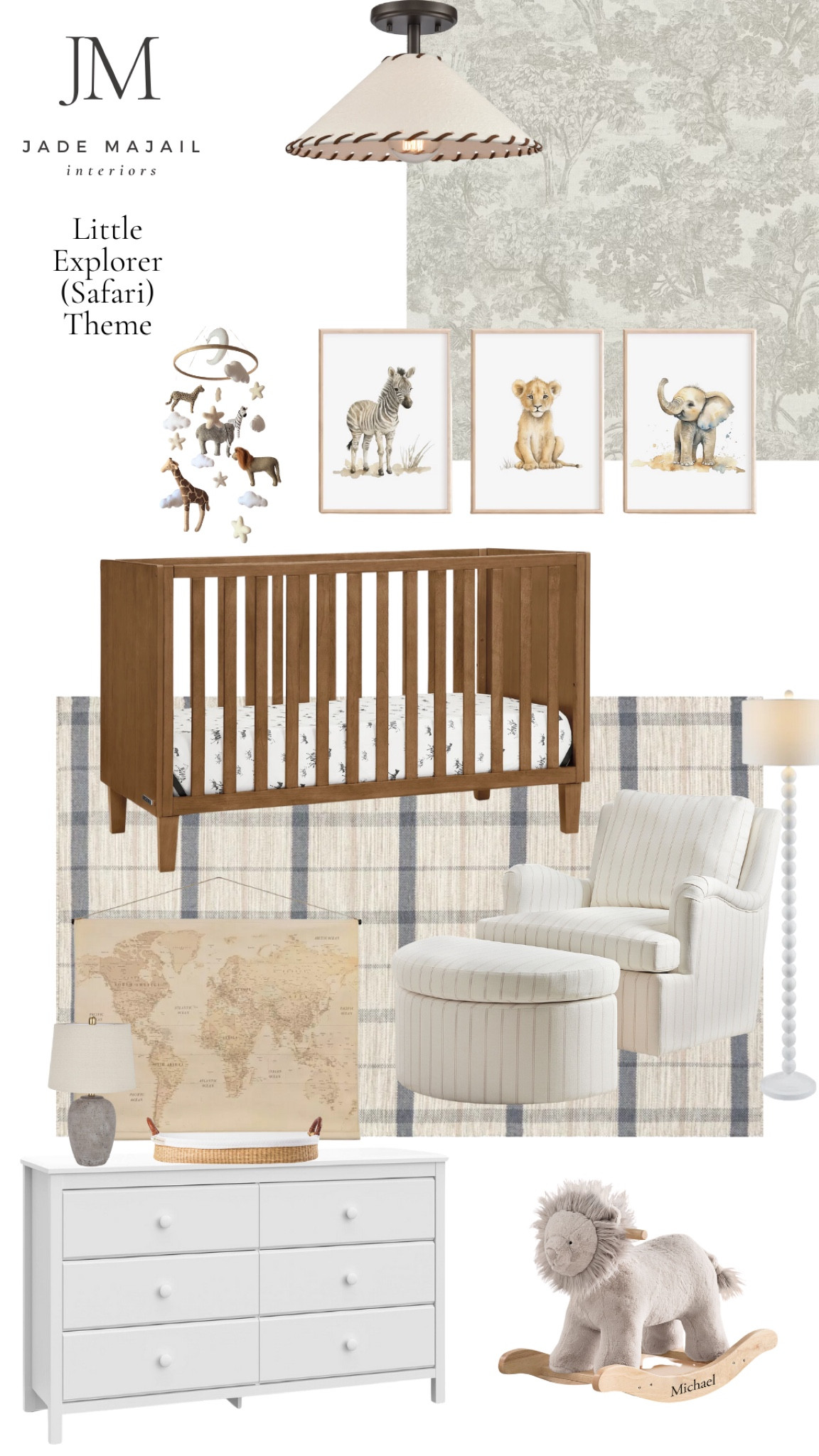 This little explorer (safari) nursery is too darn cute! I couldn't link the Vintage Map Tapestry, but it is from Hobby Lobby for $64.99!

Oak crib, tapestry, nursery area rug, stripe glider, animal wall art, animal mobile, vintage wallpaper, white dresser, transitional style table lamp 
