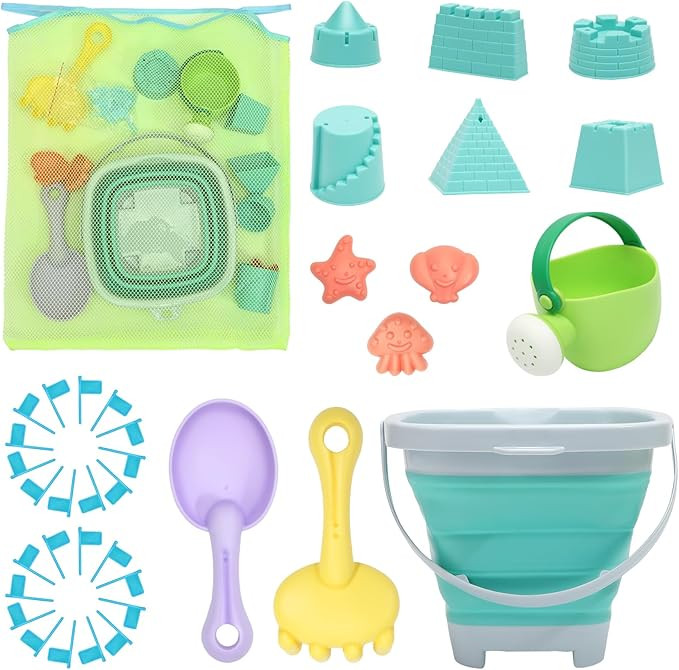 Beach Toys Sand Set for Kids, Collapsible Bucket and Shovels with Mesh Bag, Molds, Flags, Sandbox... | Amazon (US)