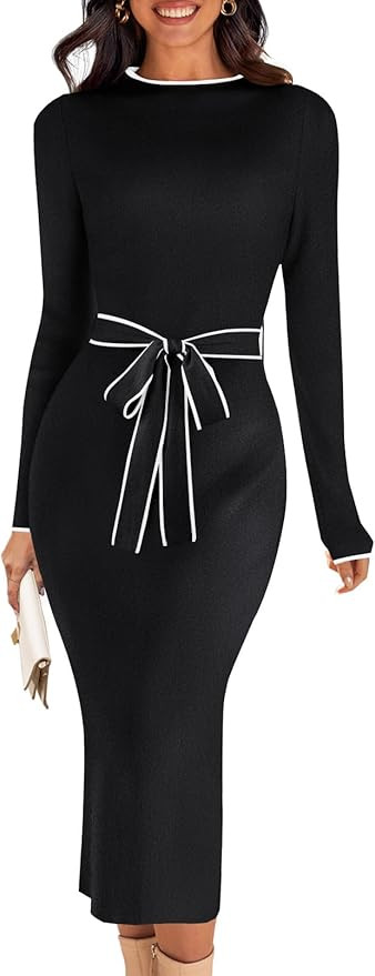 MEROKEETY Women's 2025 Long Sleeve Midi Sweater Dress Fall Mock Neck Color Block Tie Waist Bodyco... | Amazon (US)