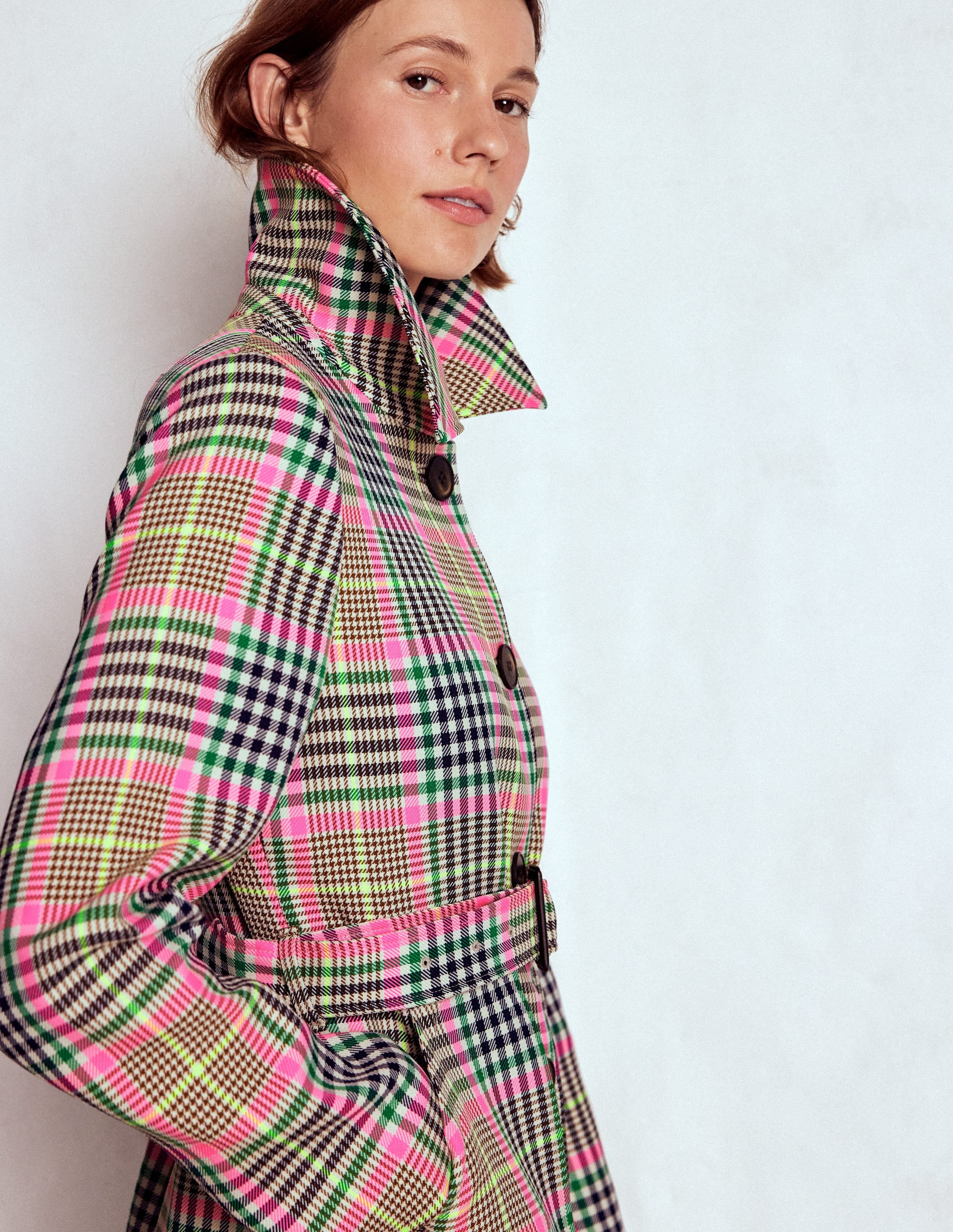 Lancaster Belted Mac-Brown, Neon Pink Check | Boden (US)