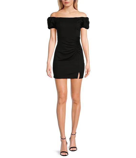 Pear Culture Off-The-Shoulder Puff Sleeve Ruched Side Slit Mini Dress | Dillard's | Dillard's