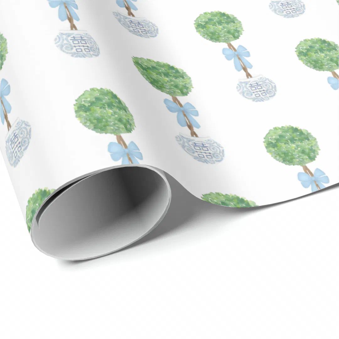 Boy Baby Shower Topiary Bow Blue White Planter Wrapping Paper | Zazzle | Zazzle