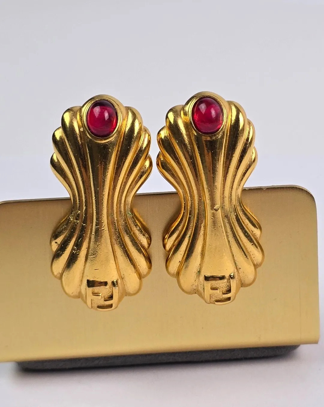 Vintage Fendi Gold plated Clip-On Earrings w/ red cabochon accent stone Peanut | Etsy (US)