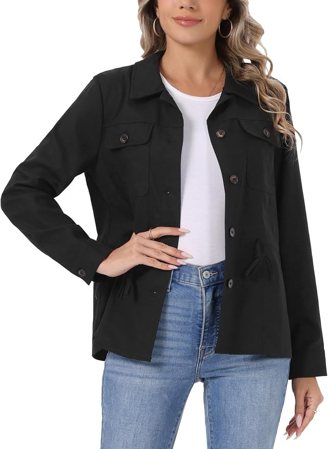 Allegra K Linen Jacket for Women Button Down Drawstring Waist Lightweight Spring Utility Anorak J... | Amazon (US)