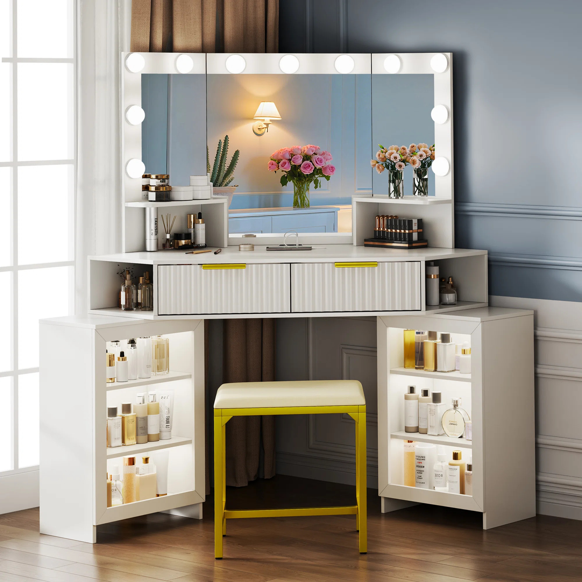 Corner Makeup Vanity - 11 Hollywood Bulbs With Human Sensor Module | Wayfair North America