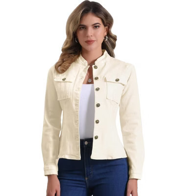 INSPIRE CHIC Women's Button Front Stand Collar Long Sleeve Jean Jackets with Pockets X-Small Light Apricot | Target