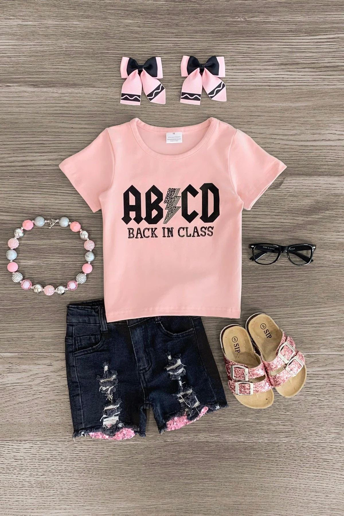 "ABCD Back In Class" Denim Short Set | Sparkle In Pink