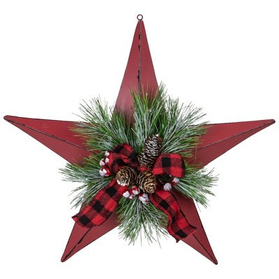 Northlight 17" Red distressed 5 point Christmas Star With Plaid Ribbon with Artificial Pine | Target