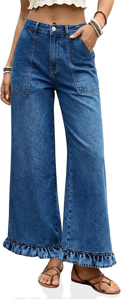 Cicy Bell Womens Ruffle Jeans Cropped High Waisted Baggy Trendy Denim Pants | Amazon (US)