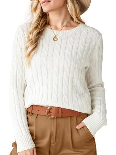 WIFFGO Womens Fall Winter Sweaters 2025 Trendy Cable Knit Long Sleeve Crewneck Tops Casual Outfit Sweater for Women A-White | Amazon (US)