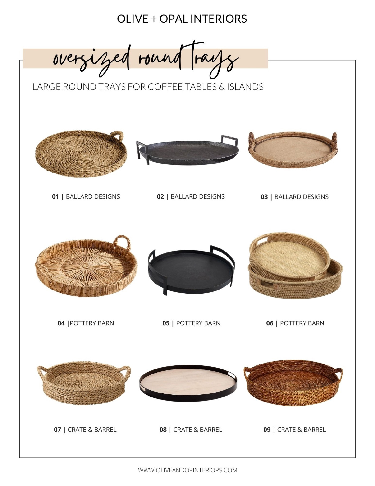 Here’s a roundup of some of our favorite oversized round trays for styling!
.
.
.
Ballard Designs
Pottery Barn
Crate & Barrel
Woven Tray
Seagrass
Black Metal
Round Tray
Coffee Table Styling 
Ottoman Styling 
Island Styling 
Under $100

#LTKunder100 #LTKstyletip #LTKhome