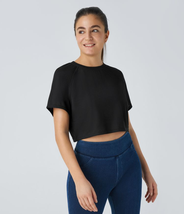 Women’s Raglan Sleeve Solid Cropped Waffle Casual Tee - Halara | HALARA