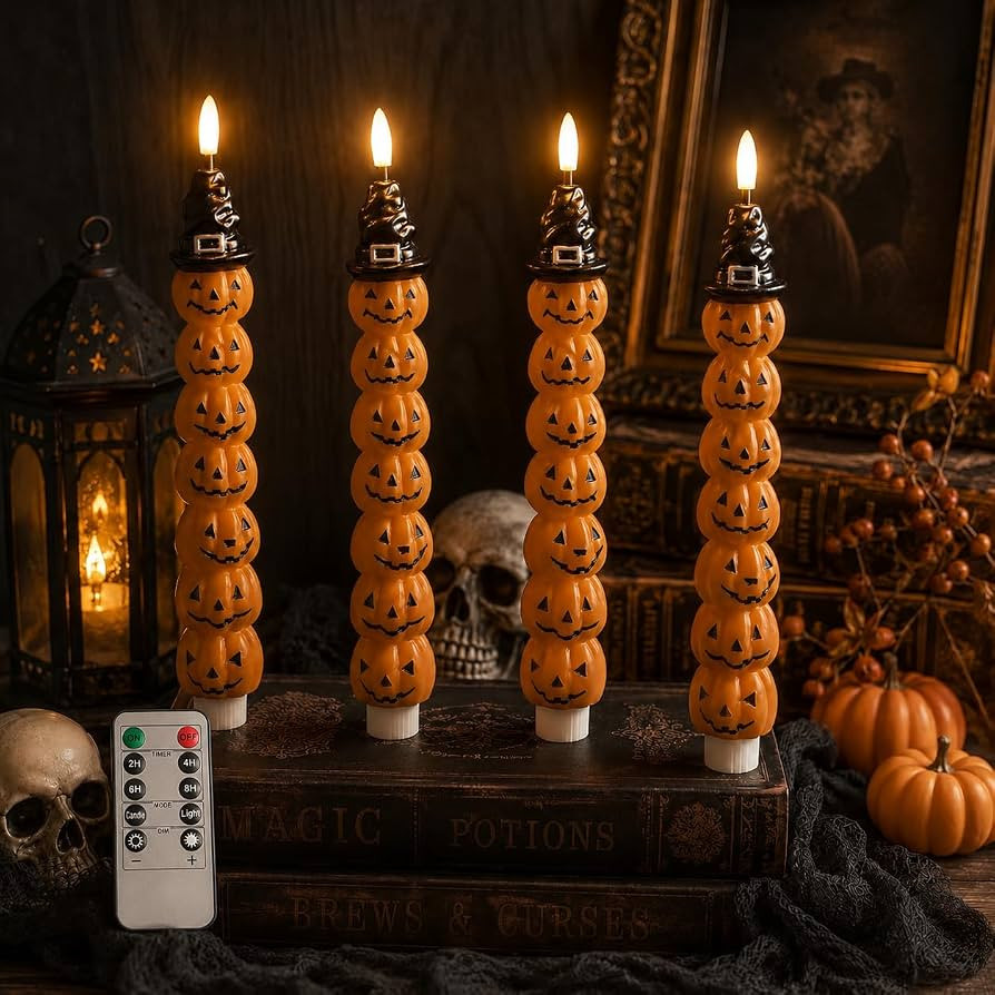 Halloween Flameless Taper Candles Set of 4, Pumpkin Stack LED Candles with 10-Key Remote, Real Wa... | Amazon (US)
