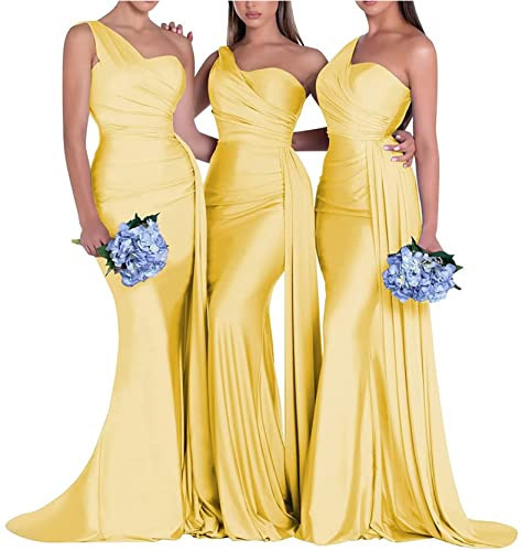 Rjer Yellow Bridesmaid Dresses Yellow Bridesmaid Dresses for Wedding One Shoulder Satin Prom Dresses for Women Size 26 | Amazon (US)