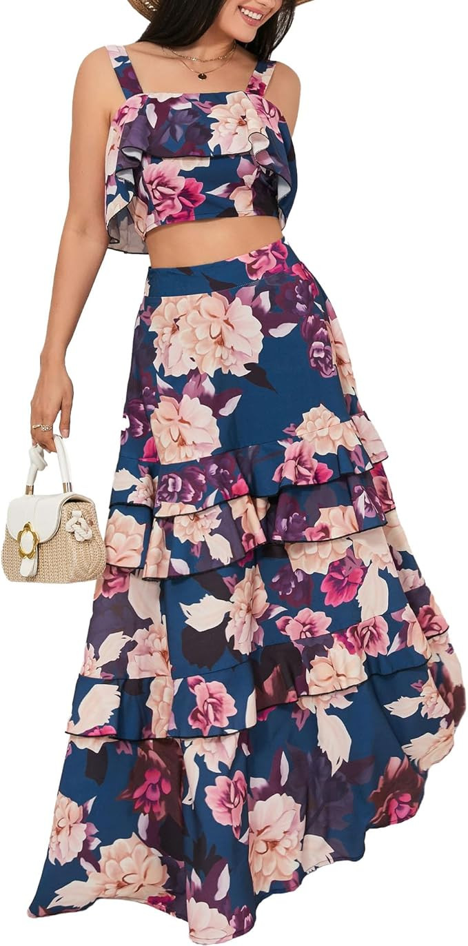 SOMTHRON Women's Summer 2 Piece Outfits Floral Print Strap Crop Tops Tiered Ruffle Skirt Sets Max... | Amazon (US)