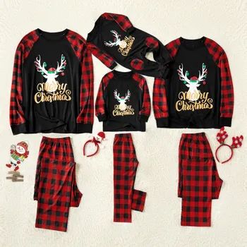 Merry Christmas Letter Antler Print Plaid Splice Matching Pajamas Sets for Family (Flame Resistan... | PatPat