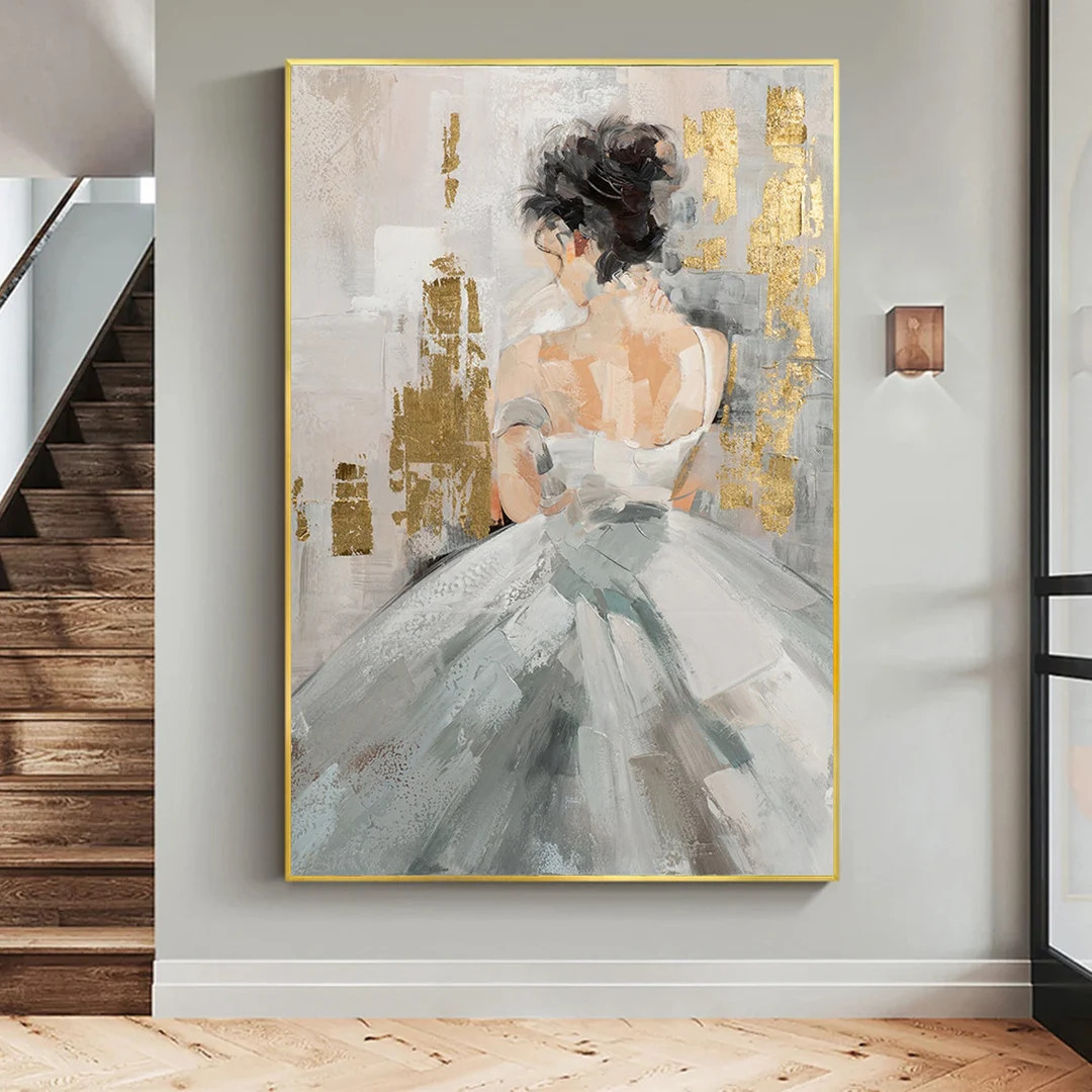 Woman in White Dress, Oil Painting Canvas Original, Woman Wall Art, Gold Foil Art, Woman Painting... | Etsy (US)