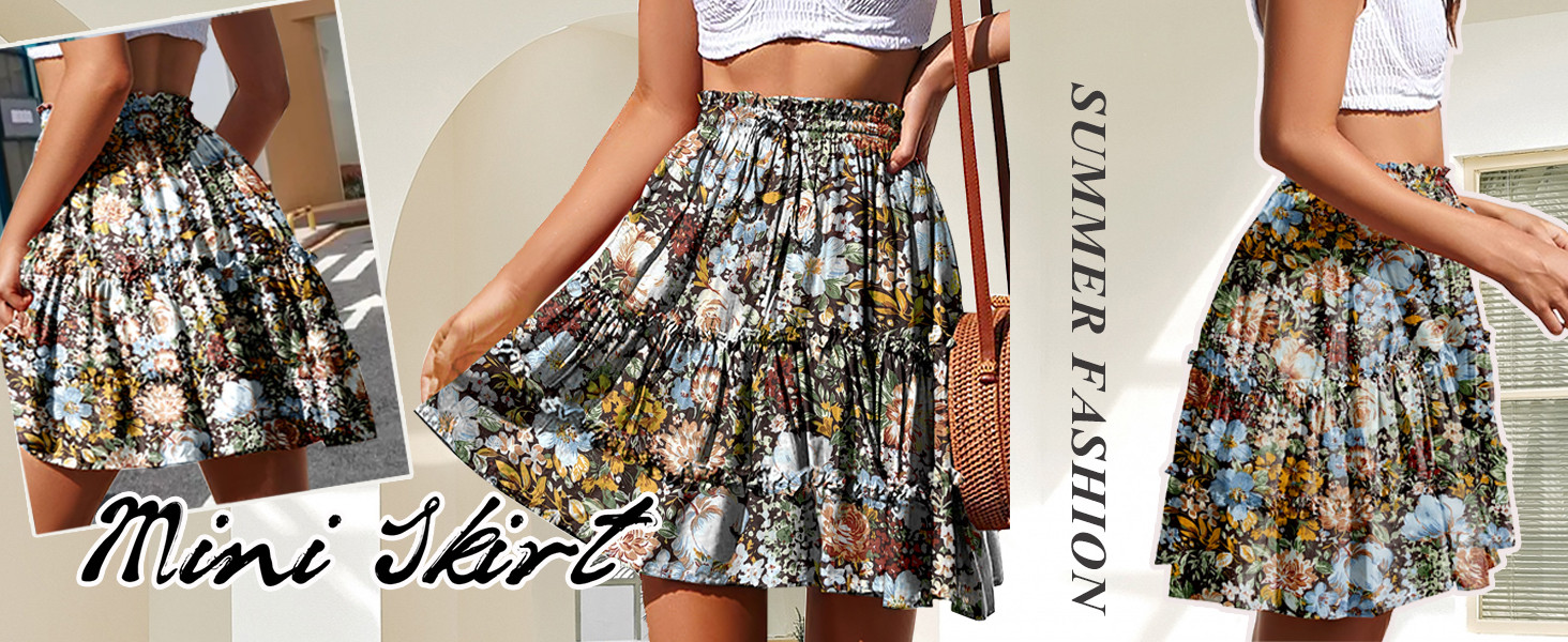 NASHALYLY Women's Summer Boho Floral Print Mini Skirt High Waist Drawstring Tiered Skirts | Amazon (US)