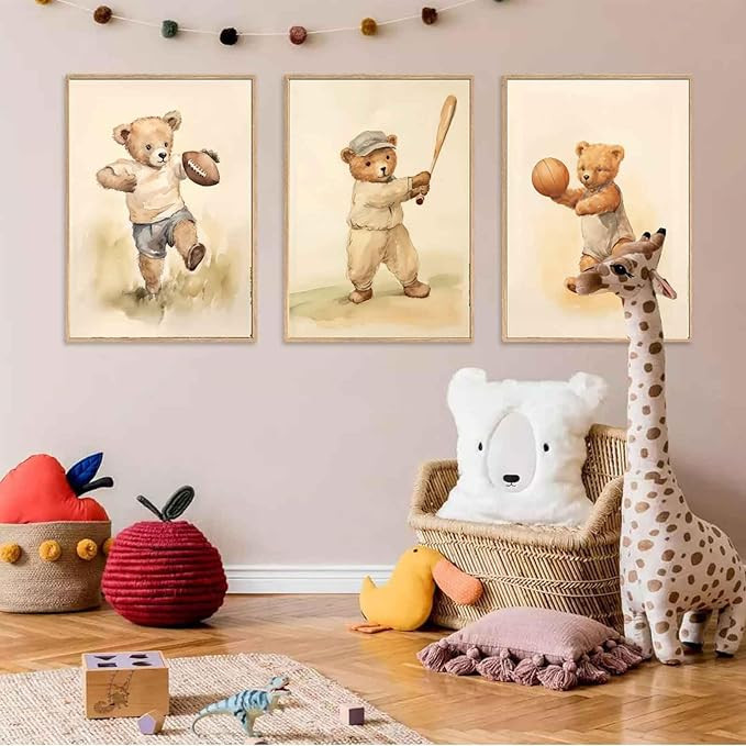 3Pcs Teddy Bear Sports Nursery Animal Canvas Wall Art Cute Woodland Baby Bear Rugby Wall Decor Pi... | Amazon (US)