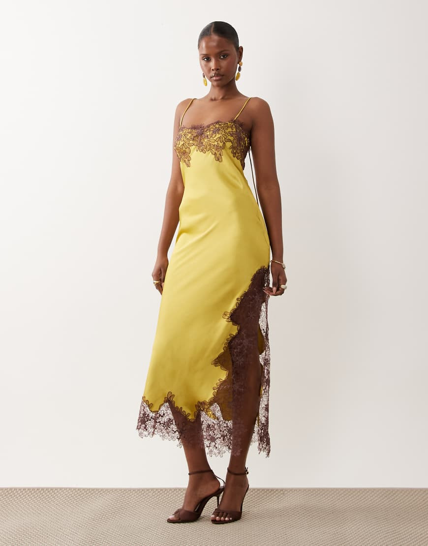 ASOS DESIGN satin lace applique midi dress in bright olive green | ASOS (Global)