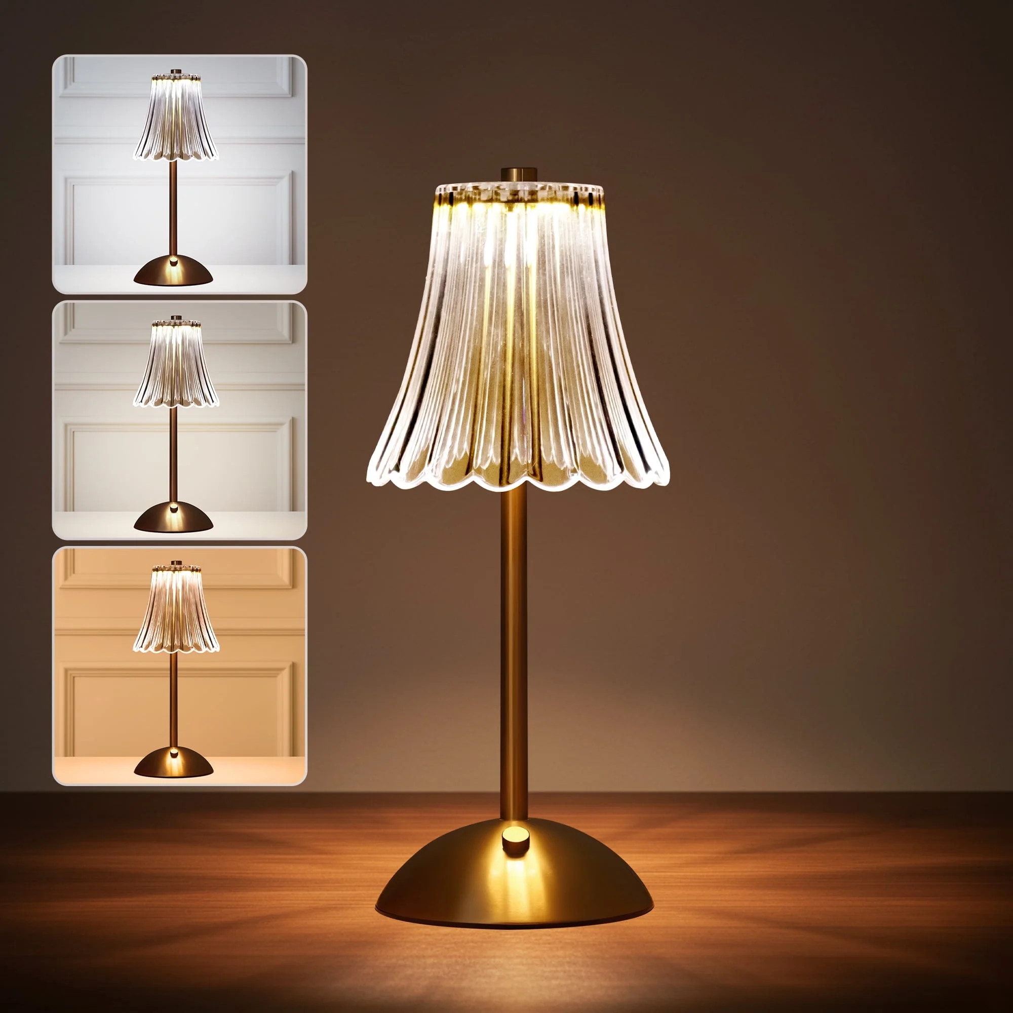 DAYBETTER Cordless Table Lamp, 12" Brass Rechargeable Cute Desk Lamp with Glass Shade,3 Colors Di... | Walmart (US)