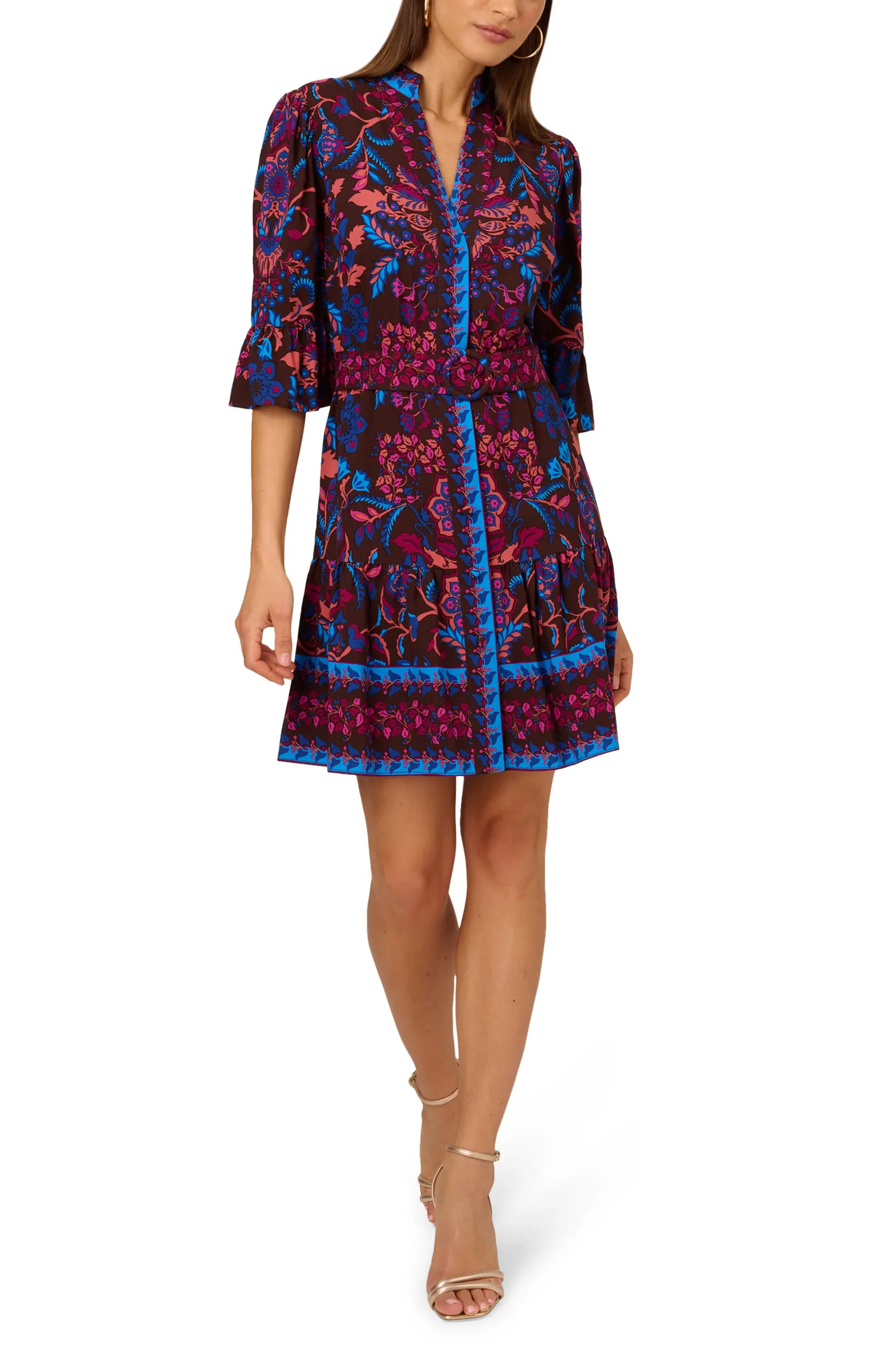 Adrianna Papell Floral Flounce Belted Dress | Nordstrom | Nordstrom
