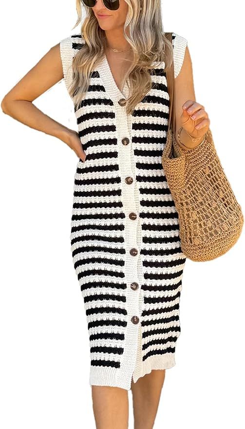 BLENCOT Women's V Neck Striped Sweater Tank Dress Causal Sleeveless Button Cardigan Midi Cover Up... | Amazon (US)