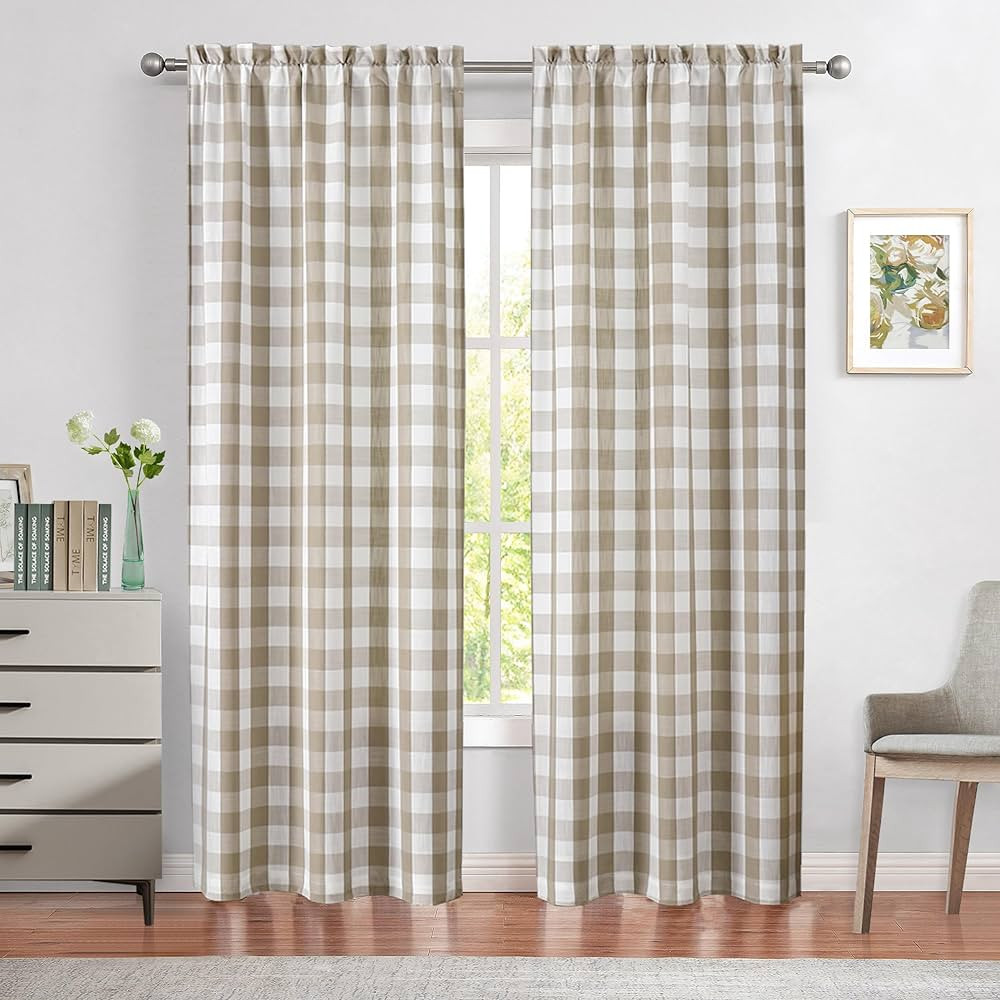 Beige Buffalo Plaid Check Curtain Panels 84 inch Length, Tan Buffalo Gingham Rustic Farmhouse Sty... | Amazon (US)