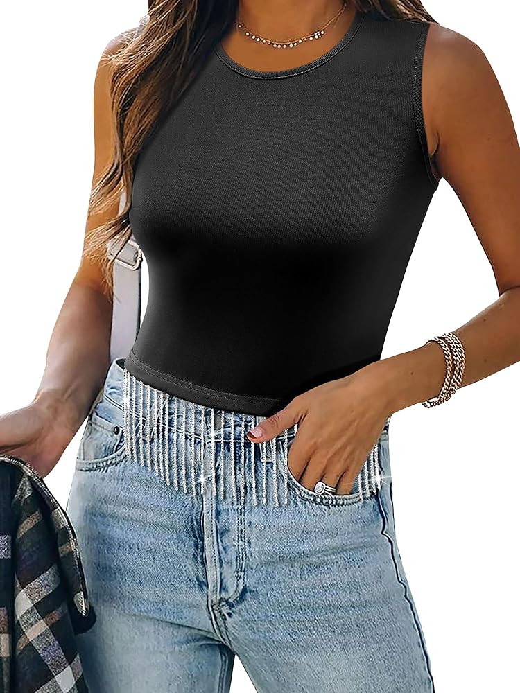 Womens Nashville Sparkly Rhinestone Fringe Sleeveless Tops Concert Raceback Ribbed Tank Tops with... | Amazon (US)