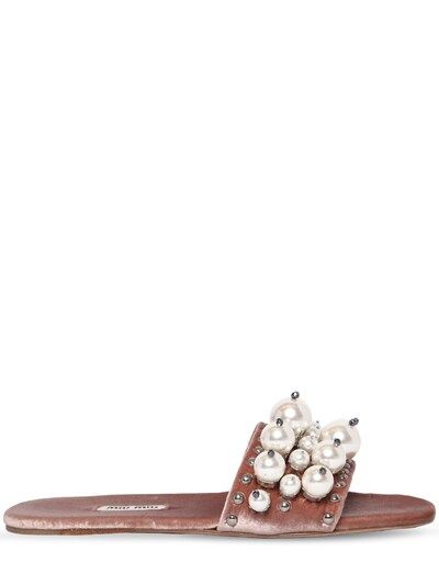 MIU MIU, 10mm embellished velvet slide sandals, Light pink, Luisaviaroma | Luisaviaroma