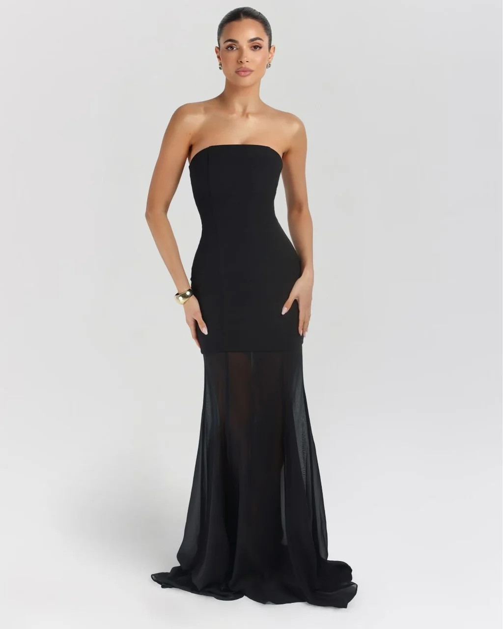 Black strapless crepe chiffon maxi dress | Heiress Beverly Hills