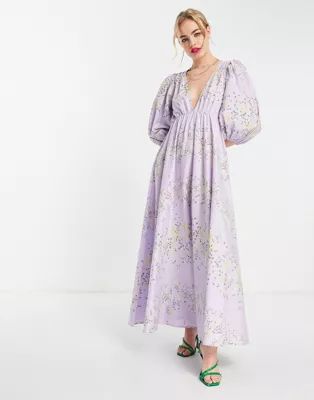ASOS DESIGN puff sleeve poplin midi dress in lilac floral | ASOS (Global)