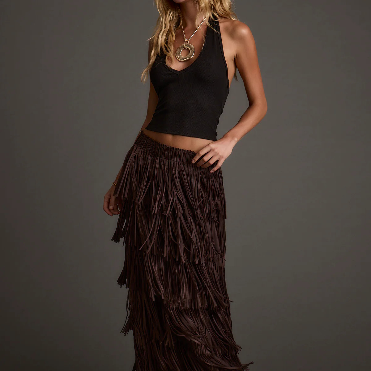 Eliza Espresso Fringe Maxi Skirt | 12th Tribe