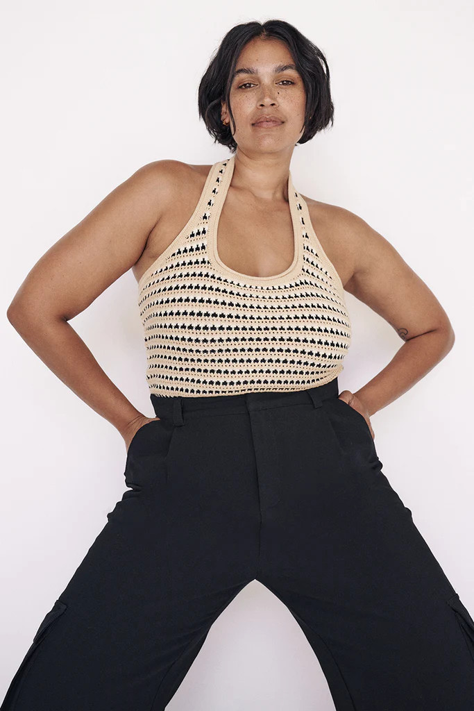 MIMI NATURAL STRIPE CROCHET HALTER TOP | DISSH