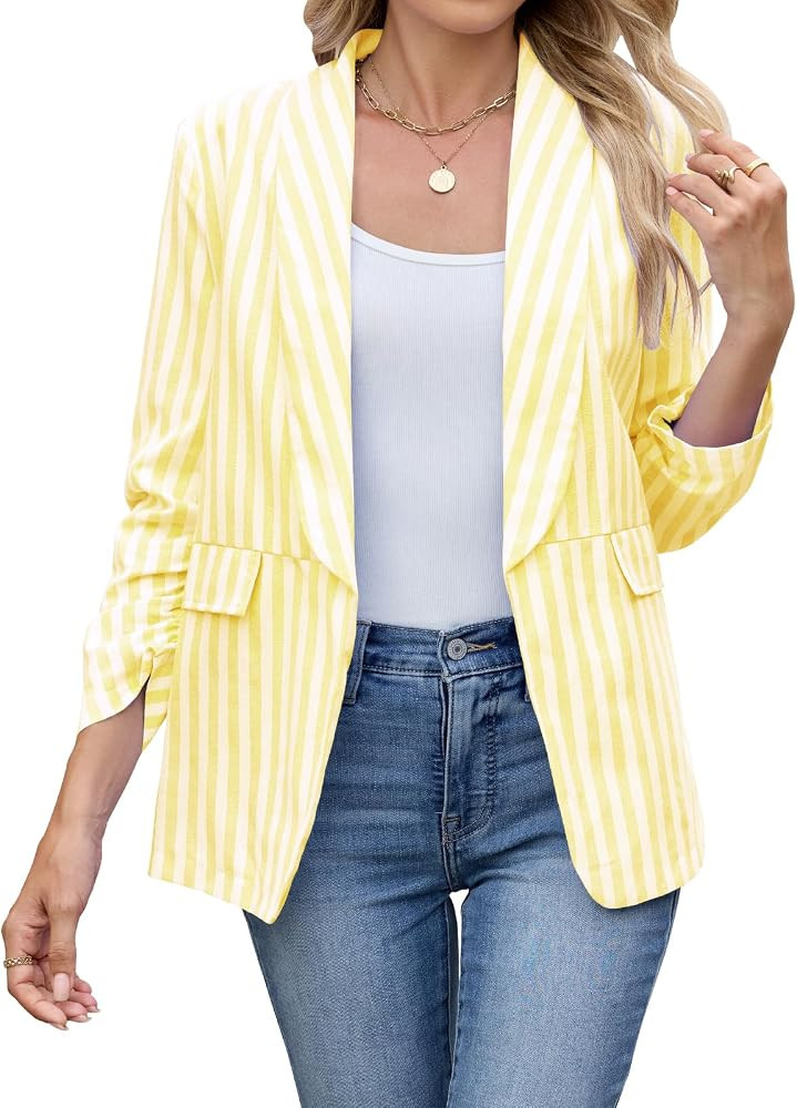 Womens 3/4 Sleeve Blazers Lightweight Open Front Striped Cardigan Jacket Office Work Suits with S... | Amazon (US)