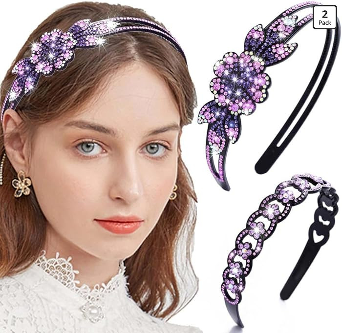Purple Rhinestone Headbands for Women Crystal Floral Bejeweled Hairbands Double Row Non-Slip Hair... | Amazon (US)