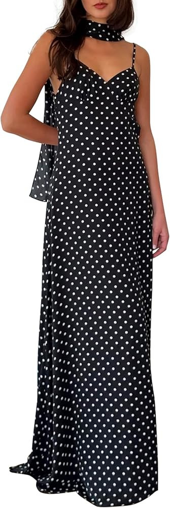 Women Sexy Polka Dots V Neck Backless Maxi Dress Spaghetti Strap Long Party Dress with Scarf Club... | Amazon (US)