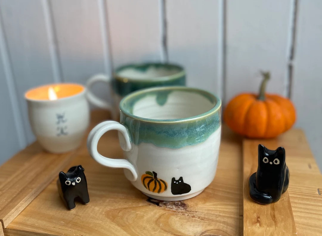 Black Cat With Pumpkin Halloween Ceramic Mug - Etsy | Etsy (US)