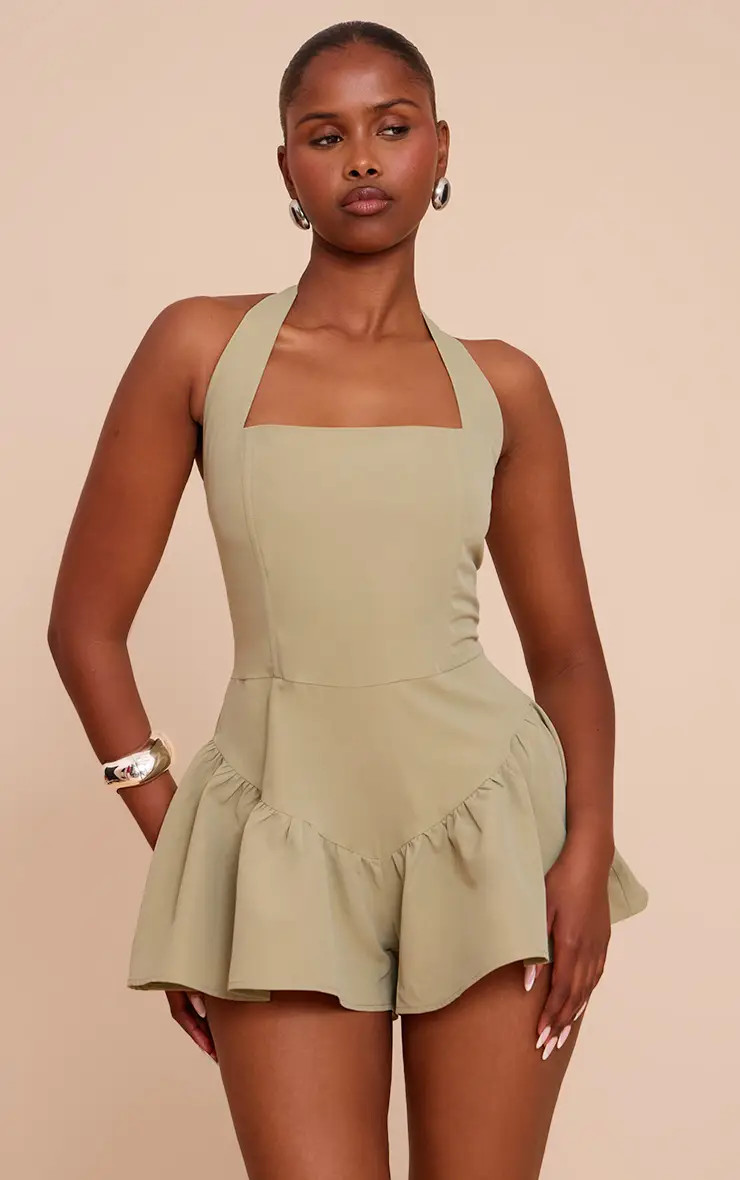 Sage Halterneck Drop Waist Floaty Playsuit | PrettyLittleThing USA | PrettyLittleThing US