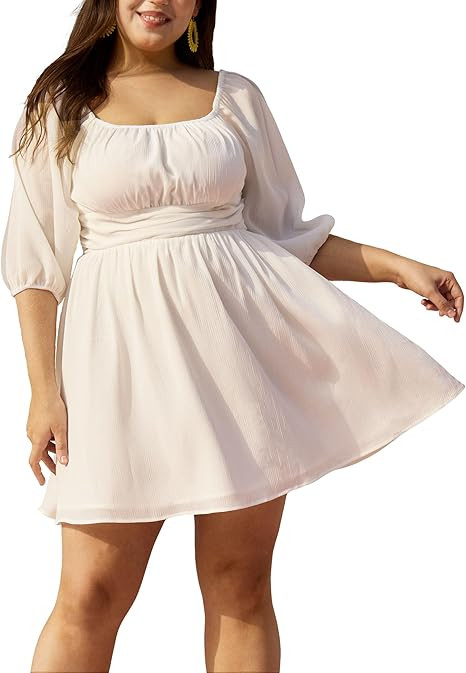 2025 Summer Plus Size Square Neck Dress Empire Waist Swim Vacation Flowy Mini Dress | Amazon (US)