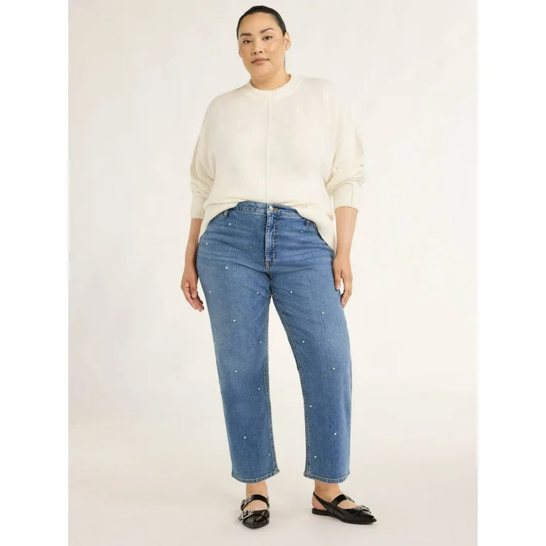 Scoop Women's and Women's Plus Low Slung Cropped Jeans with Rhinestones, 27” Inseam, Sizes 0-28... | Walmart (US)