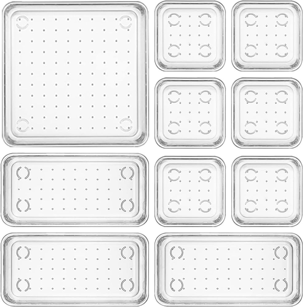 Famhap 10 PCS Plastic Drawer Organizer Set, Clear Desk Drawer Organizer Trays, Vanity Storage Bin... | Amazon (US)