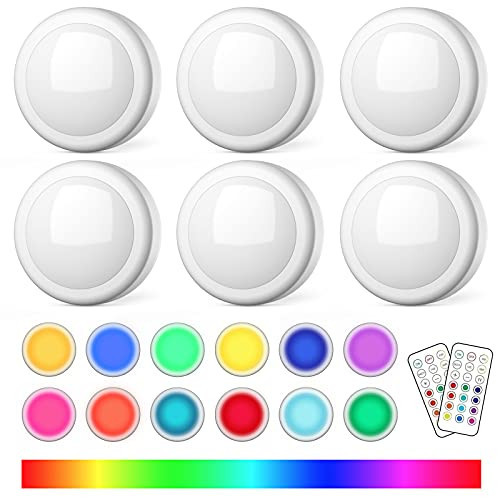 SEMSMOKS Puck Lights with Remote Control, Battery Operated LED Push Light Wireless, 13 Color RGB - for Closet, Bedroom Wall, Under Cabinet, Battery Powered Puck Lights. Convenient 3M Stick On, 6 Pack | Amazon (US)