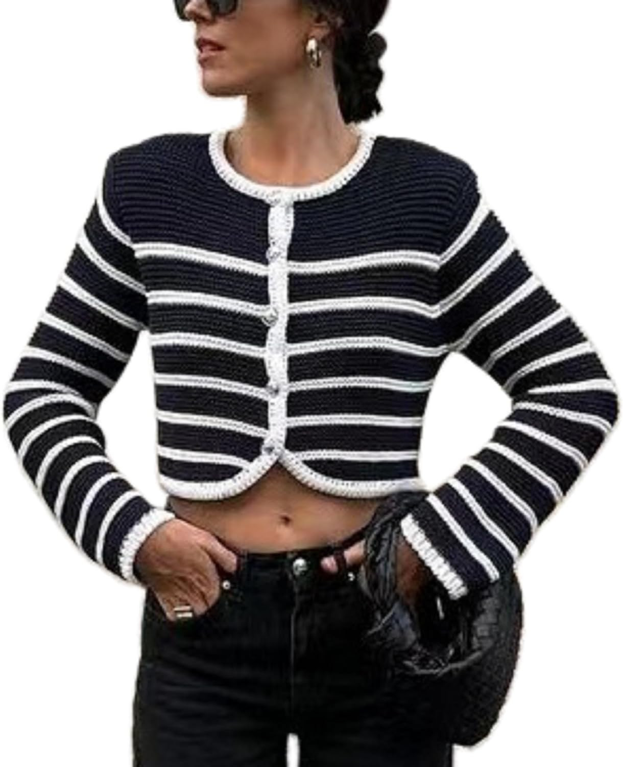 Women Knitted Crop Cardigan Striped Print Long Sleeve Button Down Sweaters Bolero Shrug Pullover ... | Amazon (US)