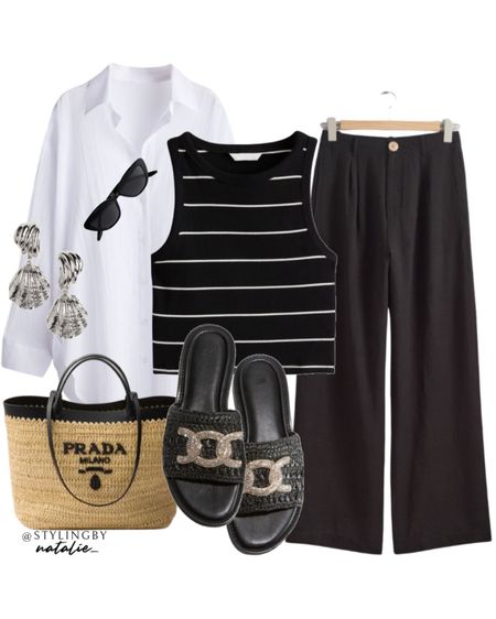 Linen shirt, stripe top, black linen relaxed trousers, Prada woven tote bag, rhinestone sandals, seashell earrings.
Summer outfit, airport outfit, travel outfit, comfy style, casual look.

#LTKstyletip #LTKtravel #LTKspring