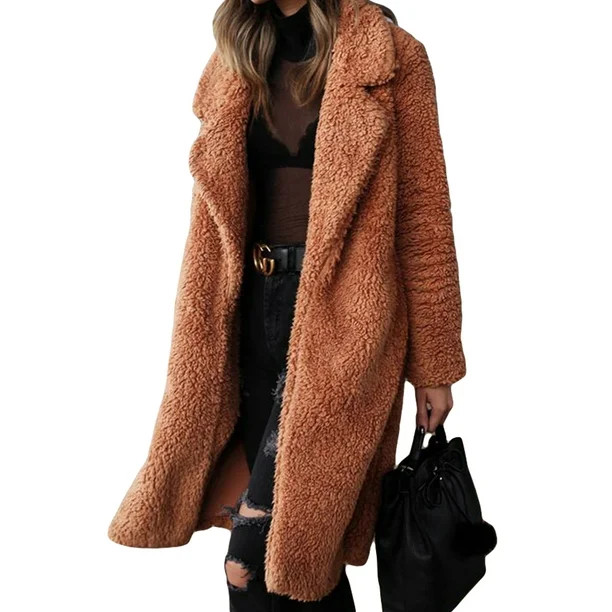 Women Lapel Teddy Bear Coat Faux Fur Fleece Jacket Overcoat Long Parka | Walmart (US)