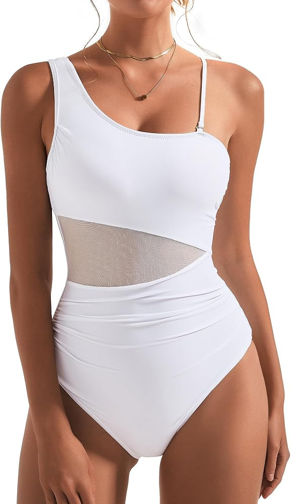 SUUKSESS Women Mesh One Shoulder One Piece Swimsuit Tummy Control Bathing Suit | Amazon (US)