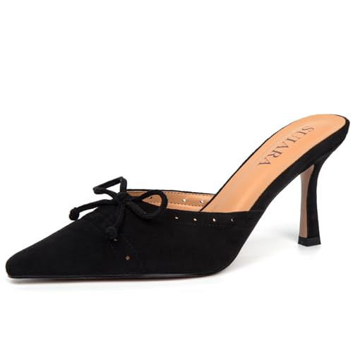 SUIARA Suede Black Kitten Heels for Women Pointed Toe Vintage Heeled Sandals Sexy Mules Bow Closed Toe Slip on Stiletto Dressy Pumps | Amazon (US)